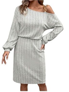 SHEIN LUNE Metallic Button Asymmetric Neckline Lantern Sleeve Ribbed Kni…